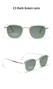 Close-up of square metal sunglasses with dark green polarized lenses and UV400 protection