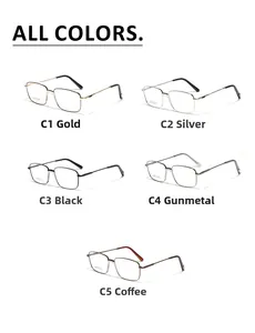 Vue détaillée de montures de lunettes carrées en métal en cinq couleurs : or, argent et noir