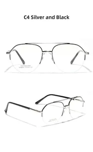 Detail view of silver semi-rimless aviator glasses frame with stainless steel model specs