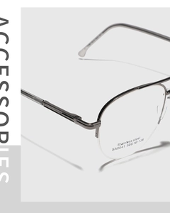 Detail of gunmetal stainless steel frame glasses showing bridge and specs SA8641
