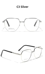Detailed view of silver SA8633 polygonal glasses frame showing model C3 and dimensions
