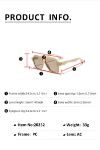 Detailed size chart for retro square sunglasses with frame and lens measurements