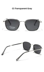 Detailed views of C5 transparent grey polarized sunglasses with UV400 protection labels