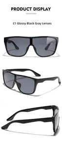 Three-way view of flat top shield sunglasses featuring black frame and gray lenses