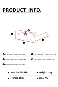 Detailed size chart for polygon TR90 frame glasses with specific lens measurements