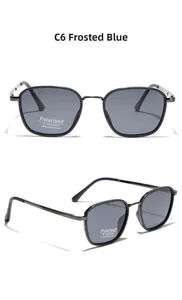 Detail of matte blue square sunglasses with polarized lenses and UV400 protection