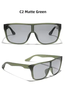 Detail view of matte green oversized sunglasses featuring dark grey lenses and CE marking