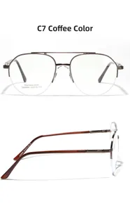 Detail view of coffee-colored half-rim pilot glasses frame with stainless steel temples
