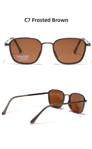 Detail view of square metal polarized sunglasses in matte brown with UV400 lenses