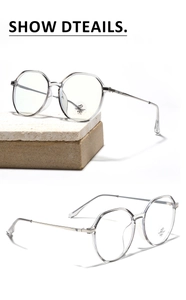 Detail of transparent gray polygonal glasses with anti-blue light and UV 400 lenses