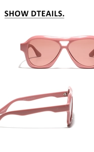 Detail of pink square pilot sunglasses showing inner temple specifications and CE mark