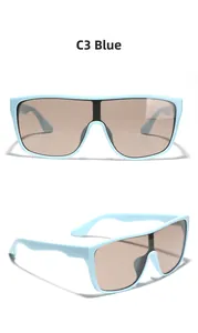 Front and side view of blue oversized rimless sunglasses with brown tinted lenses