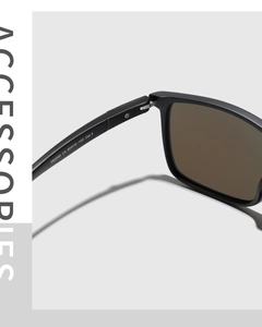 Detail of sturdy hinge and TR90 frame specifications printed on matte black sunglasses