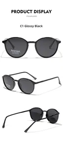 Vues détaillées de lunettes de soleil rondes noires TR90 polarisées de face et de profil