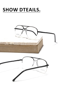 Detail view of black stainless steel aviator frame with double bridge and specifications