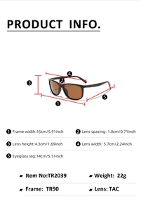 Detailed size chart and specifications for TR90 polarized sunglasses with frame dimensions