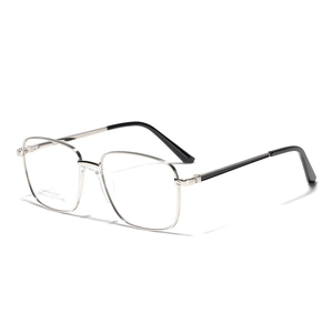 Classic silver rectangular metal frame glasses with stainless steel arms and screw details