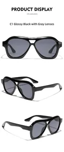 Detailed three-view shots of bright black double bridge aviator sunglasses with gray lenses