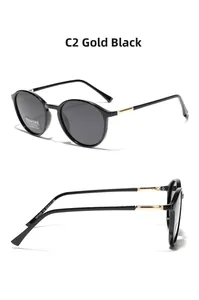 Détail de lunettes de soleil rondes polarisées avec monture or-noir et protection UV400