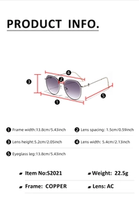 Detailed size chart showing dimensions of round metal frame sunglasses with purple lenses