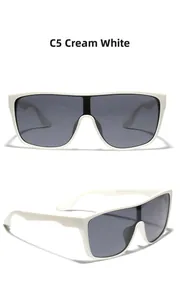 Front and side view of milky white oversized sunglasses with black shield lens