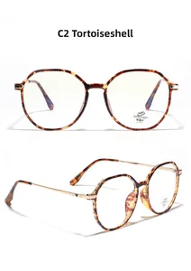 Detailed front and side views of tortoiseshell glasses featuring anti-blue light and UV400 lenses