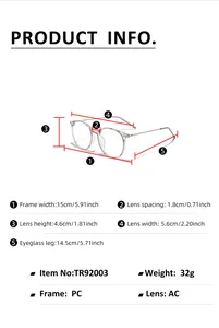 Detailed size chart for TR90 round frames showing frame width and lens height dimensions