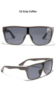 Detailed view of grey coffee oversized sunglasses with lens specifications on the temple