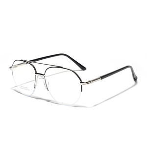 Silver stainless steel semi-rimless aviator glasses frame with black acetate temples