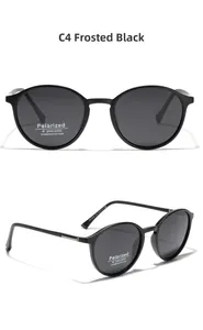 Vues de face et à 45 degrés de lunettes de soleil polarisées rondes noir mat avec UV400