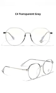 Macro detail of transparent grey polygonal frame glasses showing anti-blue light lens