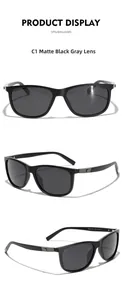 Detailed views of matte black TR90 polarized sunglasses showing frame and temple specs