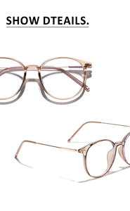 Detail view of round pink TR90 frames with slim rose gold metal temples and clear finish