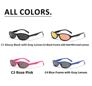 Four pairs of Y2K oval sports sunglasses in black, red mercury, rose pink, and blue colors