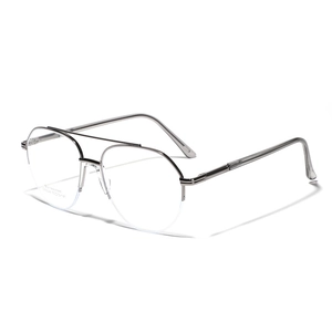 Silver metal semi-rimless aviator glasses with double bridge and stainless steel frame