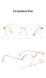 Detail of pink gradient frame glasses with blue light blocking and UV400 protection labels