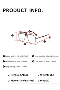 Detailed size chart for stainless steel aviator glasses frame with dimensions in cm and inches