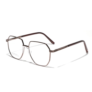 Polygonal coffee stainless steel oversized eyeglasses with non-slip brown temple tips
