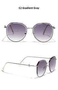 Detailed view of C2 Gradient Grey lenses on slim silver metal frame sunglasses