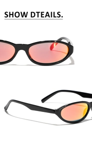 Front view detail of Y2K oval sunglasses with reflective orange mercury lenses and black frames