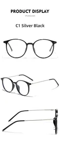 Detailed views of round TR90 frames with silver black metal temples and C1 color code