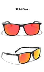 Macro detail of TR90 square sunglasses featuring matte black frame and red mercury lenses