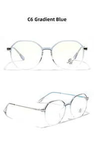 Detailed view of gradient blue polygon frame with anti-blue light and UV 400 protection lens