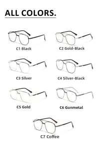 Matrix of double-bridge aviator frames in seven colors like black, gold, and silver finishes