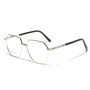 Minimalist silver polygonal metal glasses frame with black temples and saddle nose pads