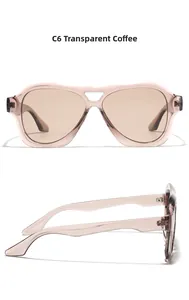 Detail view of transparent brown double-bridge square sunglasses from front and side angles