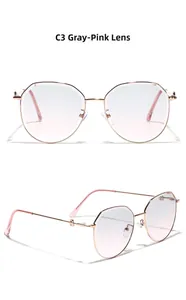 Detail view of round rose gold metal sunglasses frames with grey-pink gradient lenses