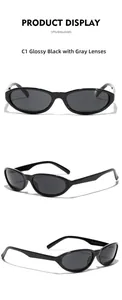 Three-way view of retro oval sunglasses in black frame with grey lenses