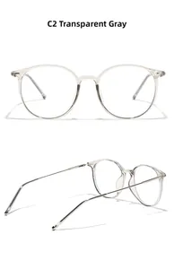 Detail view of transparent grey round TR90 optical frames with slim metal temples