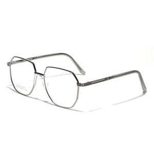 Sleek silver polygon stainless steel eyeglasses frame shown at a 45-degree angle view